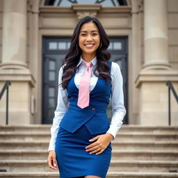 A beautiful and slim 42-year-old Asian woman with long black wavy hair, confidently standing on the steps of a historical courthouse