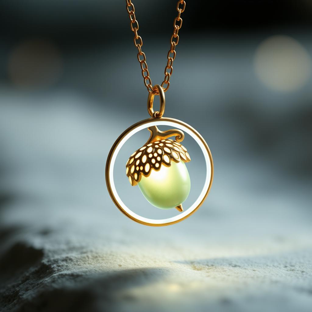 A golden necklace with a round pendant featuring an ornamental acorn design