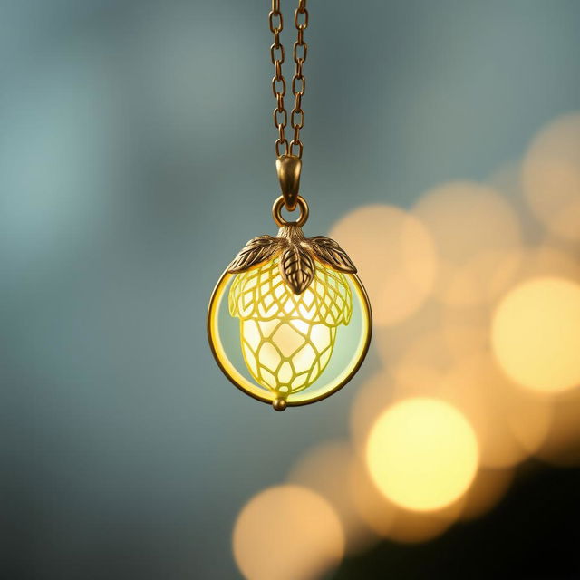 A golden necklace with a round pendant featuring an ornamental acorn design