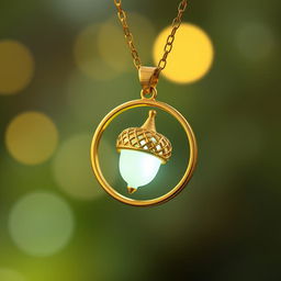 A golden necklace with a round pendant featuring an ornamental acorn design