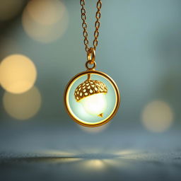 A golden necklace with a round pendant featuring an ornamental acorn design