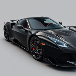 A sleek black sports car with a Euro-American style, featuring a carbon fiber body