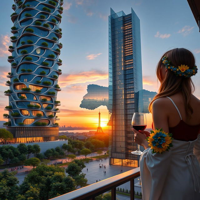 A realistic sunset scene of a bionic skyscraper with flowing lines and zigzags, featuring wave-shaped roofs on the lower office section