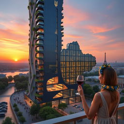 A realistic sunset scene of a bionic skyscraper with flowing lines and zigzags, featuring wave-shaped roofs on the lower office section