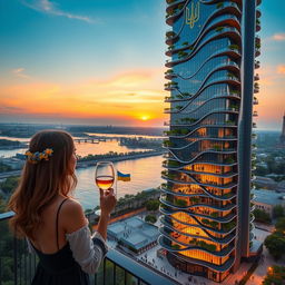 A realistic sunset scene of a bionic skyscraper with flowing lines and zigzags, featuring wave-shaped roofs on the lower office section