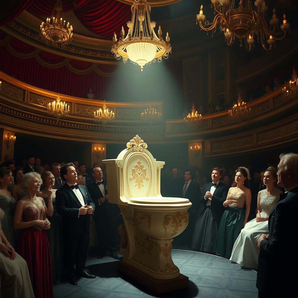 a surreal scene of a sentient toilet singing opera in a grand concert hall, the toilet has a vintage design with ornate gold patterns, a spotlight shines on it, the audience is captivated, wearing elegant evening attire, the hall is richly decorated with velvet drapes and chandeliers, the atmosphere is both whimsical and majestic