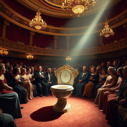 a surreal scene of a sentient toilet singing opera in a grand concert hall, the toilet has a vintage design with ornate gold patterns, a spotlight shines on it, the audience is captivated, wearing elegant evening attire, the hall is richly decorated with velvet drapes and chandeliers, the atmosphere is both whimsical and majestic