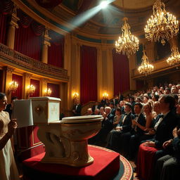 a surreal scene of a sentient toilet singing opera in a grand concert hall, the toilet has a vintage design with ornate gold patterns, a spotlight shines on it, the audience is captivated, wearing elegant evening attire, the hall is richly decorated with velvet drapes and chandeliers, the atmosphere is both whimsical and majestic