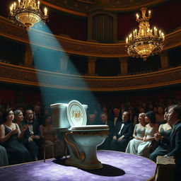 a surreal scene of a sentient toilet singing opera in a grand concert hall, the toilet has a vintage design with ornate gold patterns, a spotlight shines on it, the audience is captivated, wearing elegant evening attire, the hall is richly decorated with velvet drapes and chandeliers, the atmosphere is both whimsical and majestic