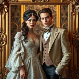 A young and beautiful Victorian couple posed elegantly within a golden ornate frame