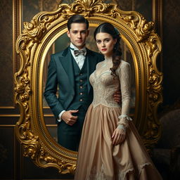 A young and beautiful Victorian couple posed elegantly within a golden ornate frame