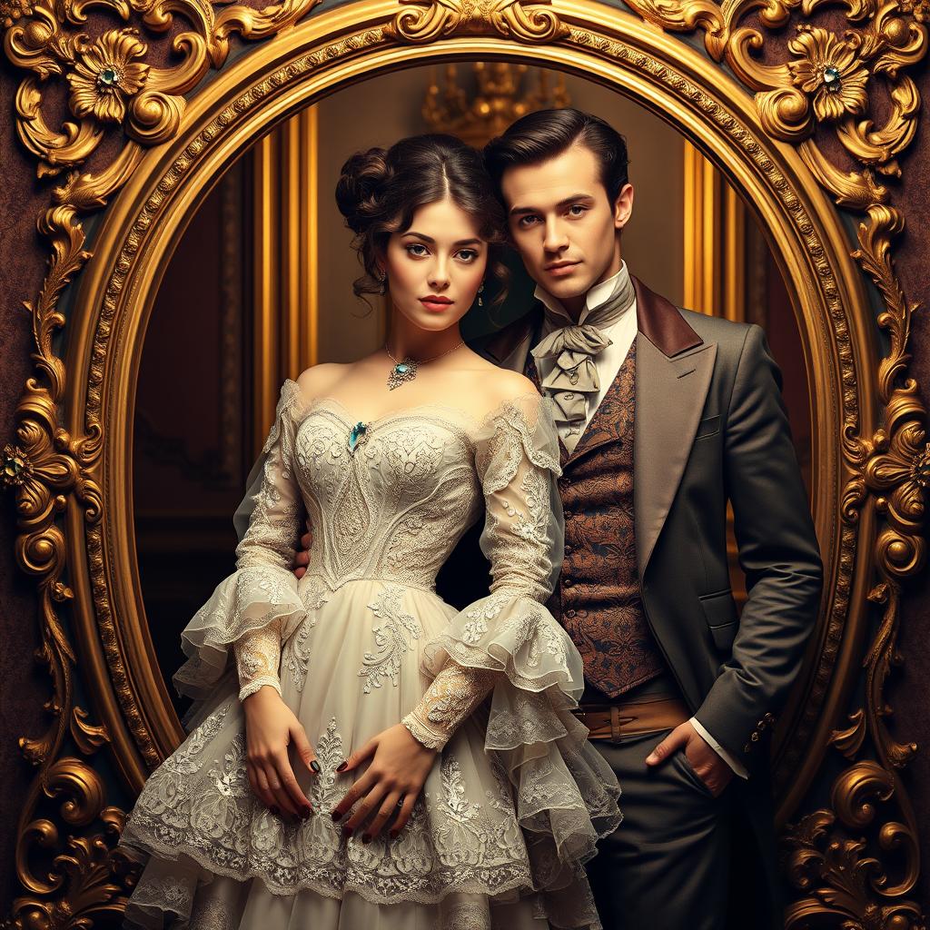 A young and beautiful Victorian couple posed elegantly within a golden ornate frame