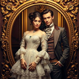 A young and beautiful Victorian couple posed elegantly within a golden ornate frame