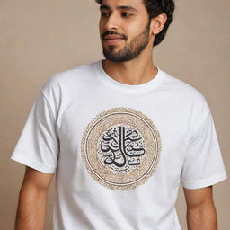 A t-shirt design featuring Yemeni Arabic calligraphy in a retro-inspired style. Incorporate traditional Yemeni motifs and elements, capturing both the antiquity and richness of Yemeni culture while maintained a nostalgic, vintage feel.