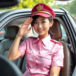 A Thai girl with a slight wry smile, performing a military salute