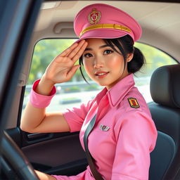 A Thai girl with a slight wry smile, performing a military salute