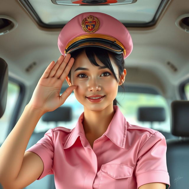 A Thai girl with a slight wry smile, performing a military salute