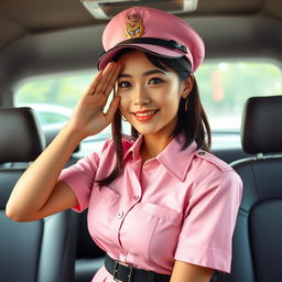 A Thai girl with a slight wry smile, performing a military salute