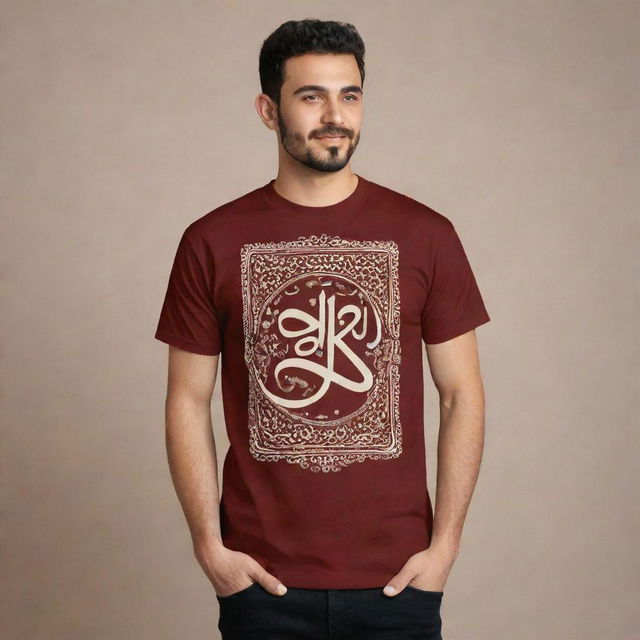 A t-shirt design featuring Yemeni Arabic calligraphy in a retro-inspired style. Incorporate traditional Yemeni motifs and elements, capturing both the antiquity and richness of Yemeni culture while maintained a nostalgic, vintage feel.