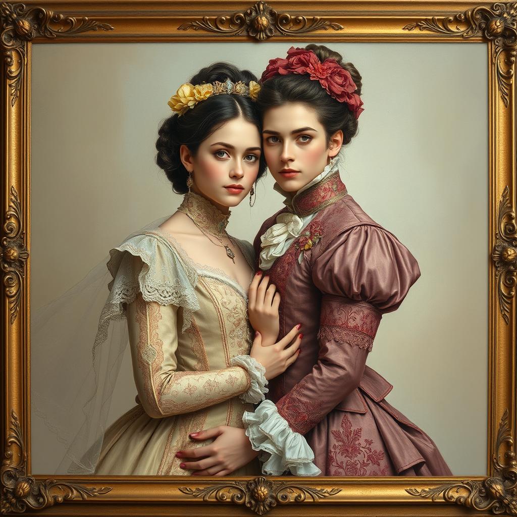 A young and beautiful Victorian couple dressed in exquisite fantasy attire, captured in an oil painting style