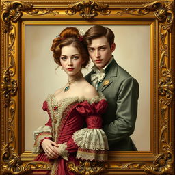 A young and beautiful Victorian couple dressed in exquisite fantasy attire, captured in an oil painting style