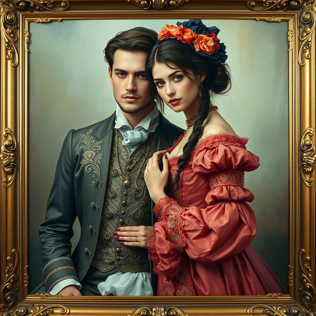 A young and beautiful Victorian couple dressed in exquisite fantasy attire, captured in an oil painting style