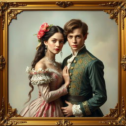 A young and beautiful Victorian couple dressed in exquisite fantasy attire, captured in an oil painting style