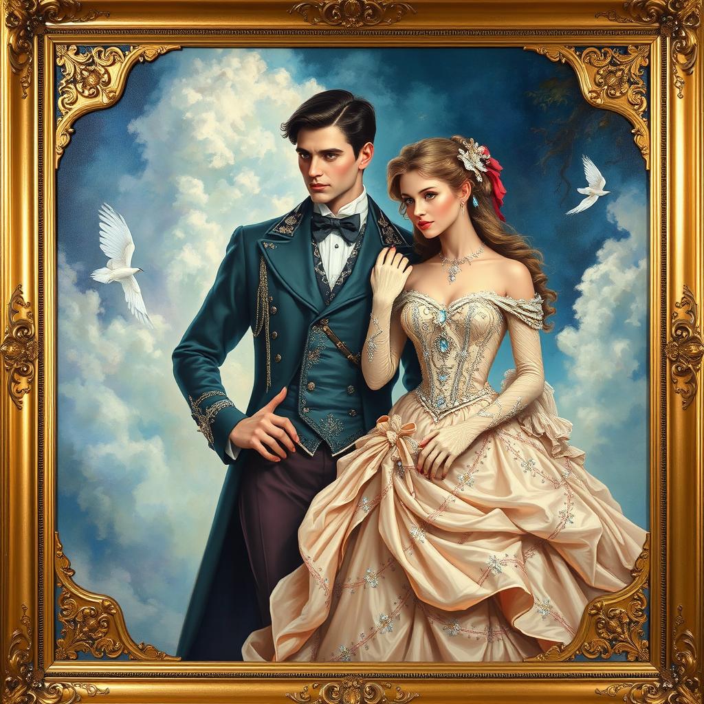 A beautiful Victorian couple in an imaginative fantasy setting, with the man wearing an elegant tailcoat with intricate embroidery and the woman in an exquisite gown adorned with shimmering jewels and flowing fabrics