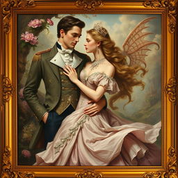 A beautiful Victorian couple in an imaginative fantasy setting, with the man wearing an elegant tailcoat with intricate embroidery and the woman in an exquisite gown adorned with shimmering jewels and flowing fabrics