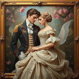 A beautiful Victorian couple in an imaginative fantasy setting, with the man wearing an elegant tailcoat with intricate embroidery and the woman in an exquisite gown adorned with shimmering jewels and flowing fabrics