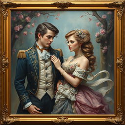 A beautiful Victorian couple in an imaginative fantasy setting, with the man wearing an elegant tailcoat with intricate embroidery and the woman in an exquisite gown adorned with shimmering jewels and flowing fabrics