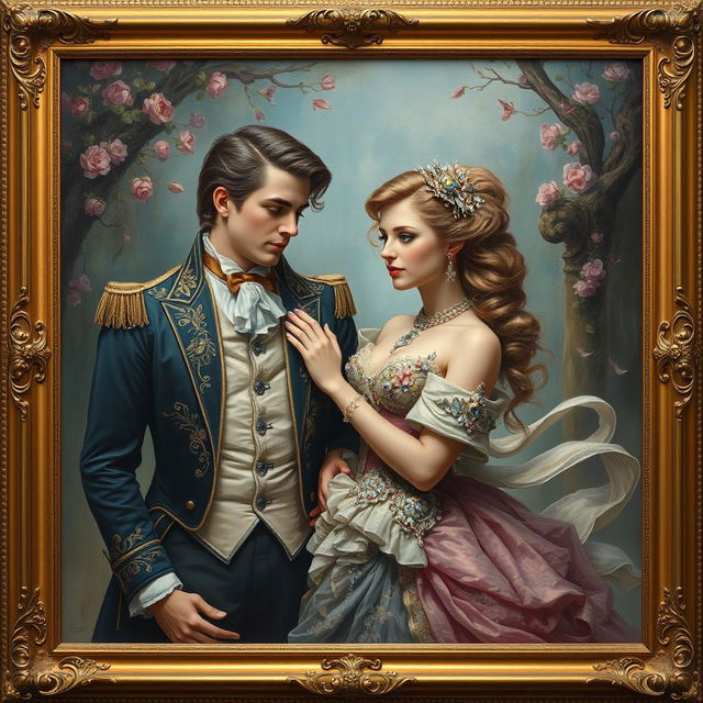 A beautiful Victorian couple in an imaginative fantasy setting, with the man wearing an elegant tailcoat with intricate embroidery and the woman in an exquisite gown adorned with shimmering jewels and flowing fabrics