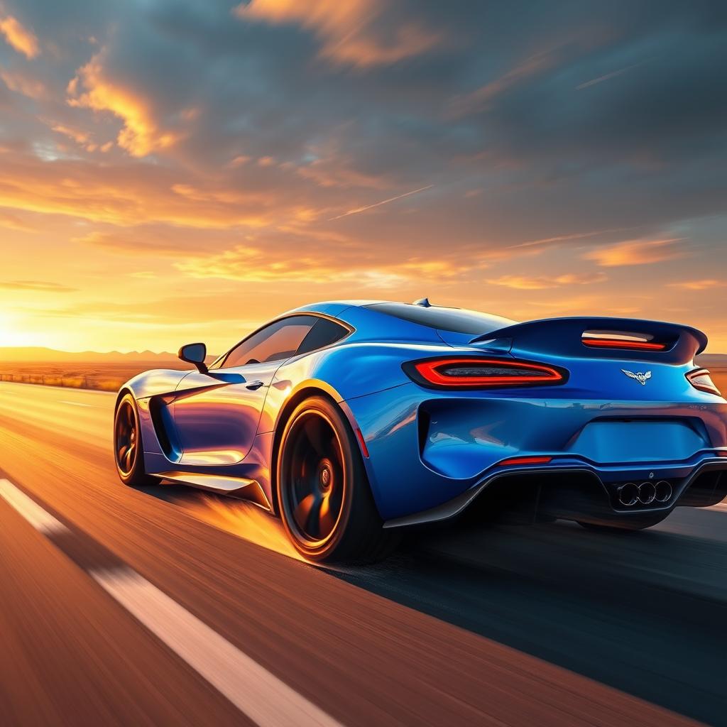 a vibrant and dynamic digital painting of a Falcarto sports car speeding down an open highway, showcasing its sleek aerodynamic design and vibrant color, like electric blue