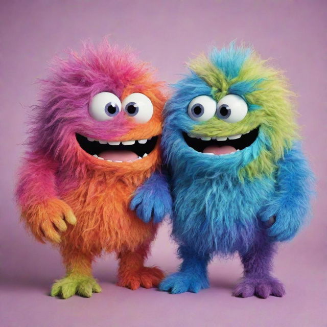 Two cheerful, colorful, hairy, gooey monsters hugging each other with expressions of happiness.