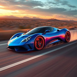 a vibrant and dynamic digital painting of a Falcarto sports car speeding down an open highway, showcasing its sleek aerodynamic design and vibrant color, like electric blue