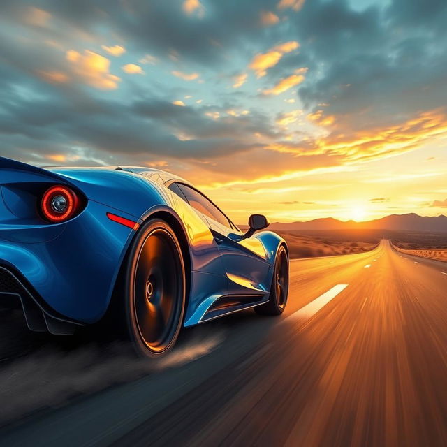 a vibrant and dynamic digital painting of a Falcarto sports car speeding down an open highway, showcasing its sleek aerodynamic design and vibrant color, like electric blue