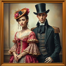 A beautiful Victorian couple wearing fantastical clothing, set against a classical background