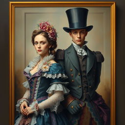 A beautiful Victorian couple wearing fantastical clothing, set against a classical background