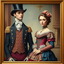 A beautiful Victorian couple wearing fantastical clothing, set against a classical background