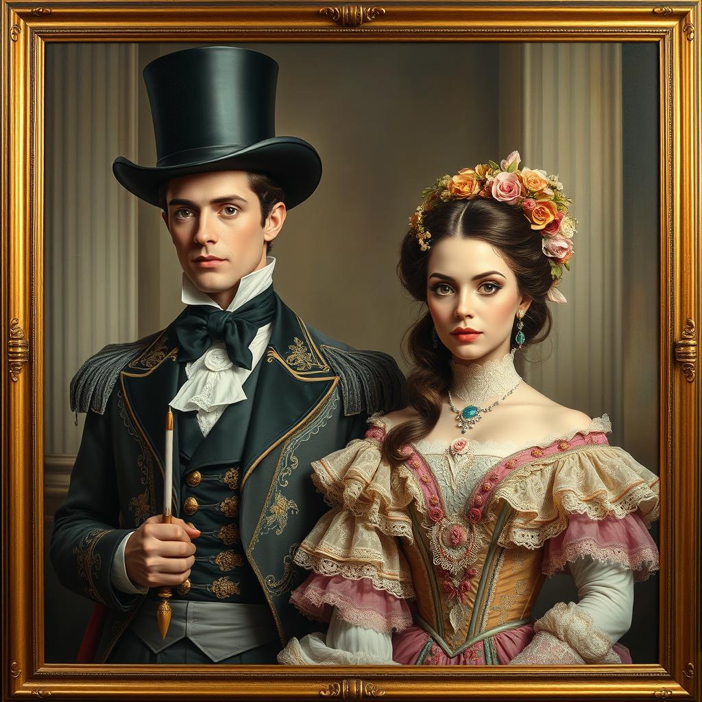 A beautiful Victorian couple wearing fantastical clothing, set against a classical background