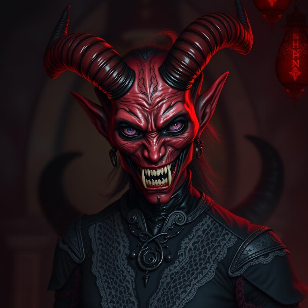 A gothic Tiefling with deep red skin and sharp vampire teeth