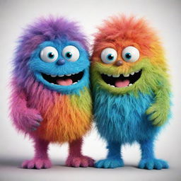 Two cheerful, colorful, hairy, gooey monsters hugging each other with expressions of happiness.