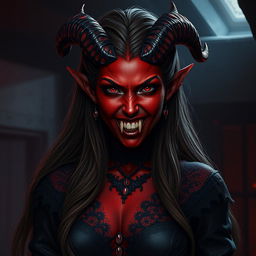 A gothic Tiefling woman with deep red skin and sharp vampire teeth