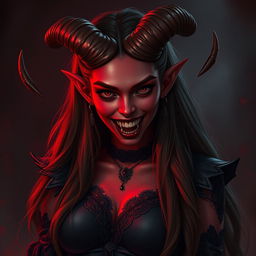 A gothic Tiefling woman with deep red skin and sharp vampire teeth