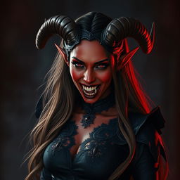 A gothic Tiefling woman with deep red skin and sharp vampire teeth