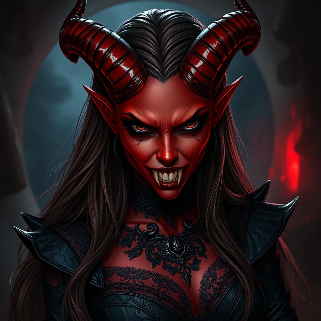 A gothic Tiefling woman with deep red skin and sharp vampire teeth