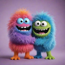 Two cheerful, colorful, hairy, gooey monsters hugging each other with expressions of happiness.