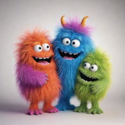 Two cheerful, colorful, hairy, gooey monsters hugging each other with expressions of happiness.