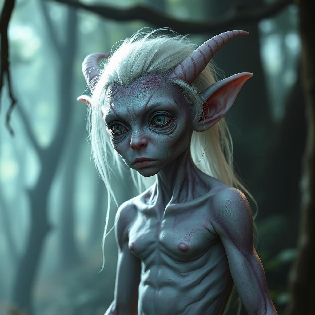 A fantasy changeling with purplish-white skin and no pupils, possessing white hair and no mouth, characterized by vague features