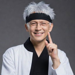 Satoru Gojo from Jujutsu Kaisen, with his distinctive blindfold and silver hair. He is in his classic pose making a hand sign and with a confident smile.